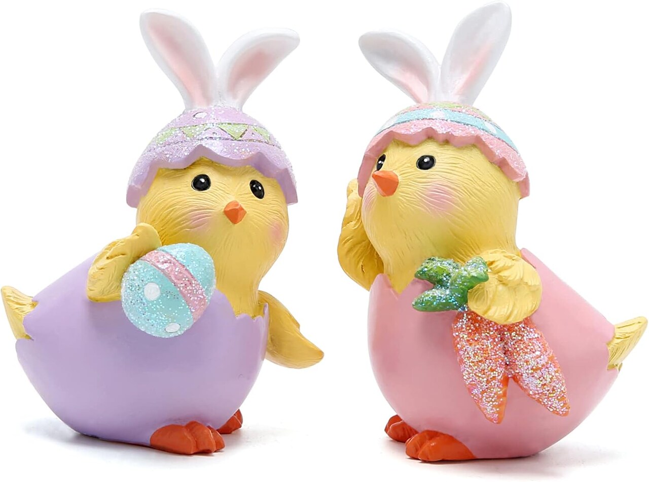 2 PCS Easter Chick Decorations Spring Easter Chicken Decors Figurines Tabletopper Decorations for Party Home Holiday Cute Egg Easter Day Gifts